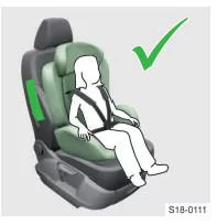 Skoda Kodiaq. Ein in einem Kindersitz richtig gesichertes Kind